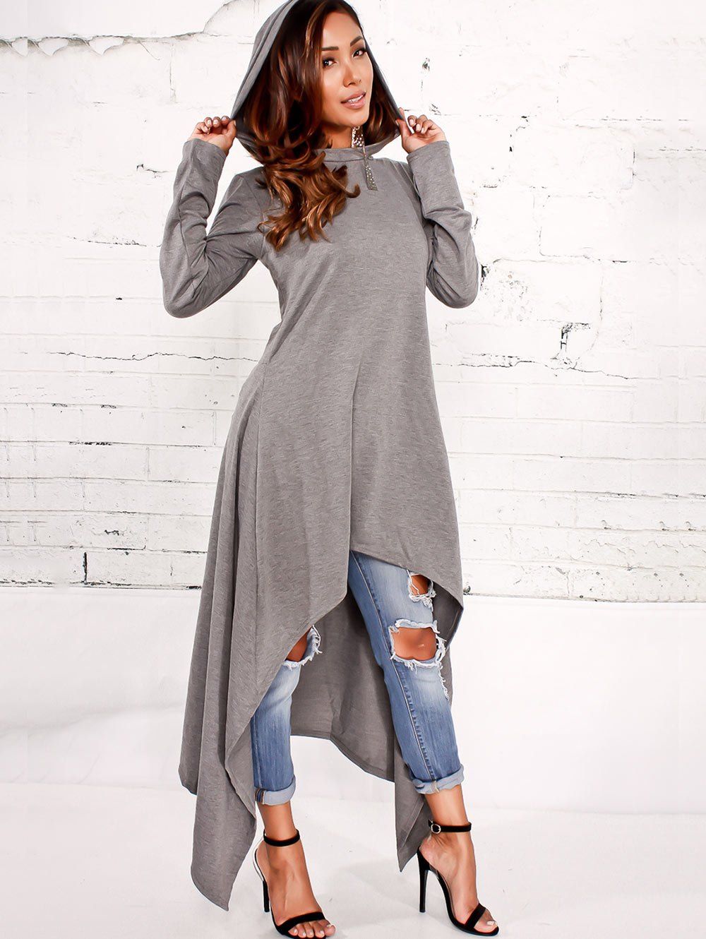 [17% OFF] 2021 Asymmetrical Pullover Maxi Hoodie In GRAY | DressLily