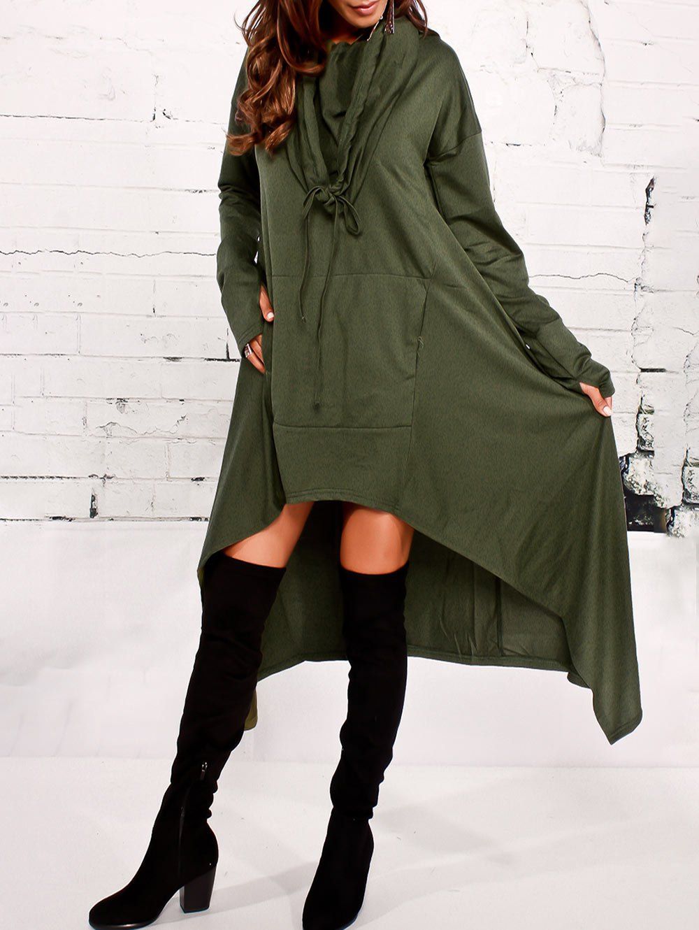 

Kangaroo Pocket Asymmetric Maxi Hoodie, Army green
