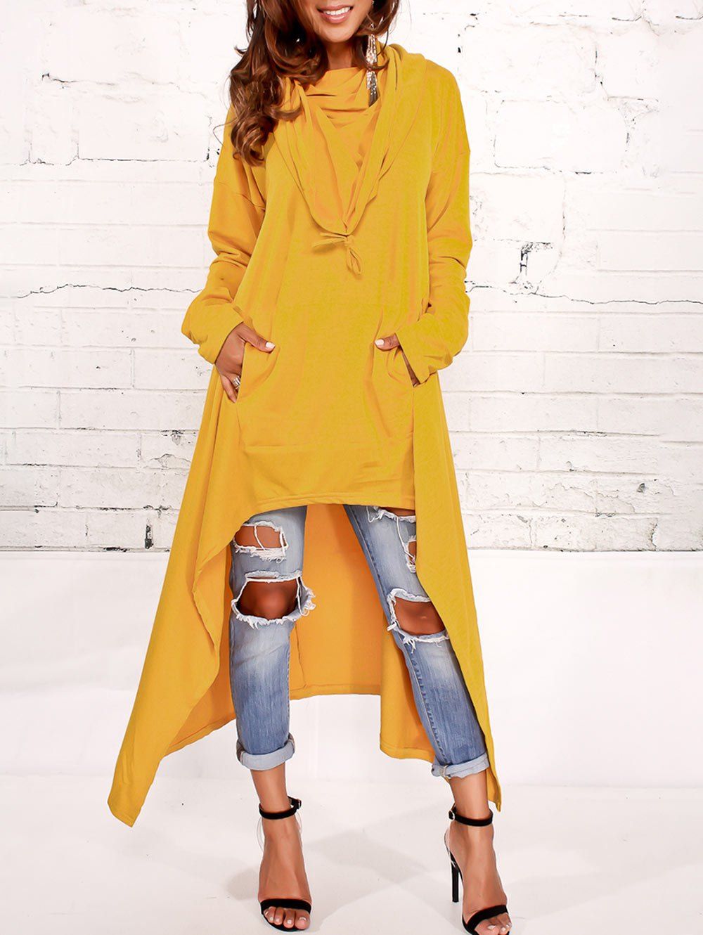 

Kangaroo Pocket Asymmetric Maxi Hoodie, Yellow