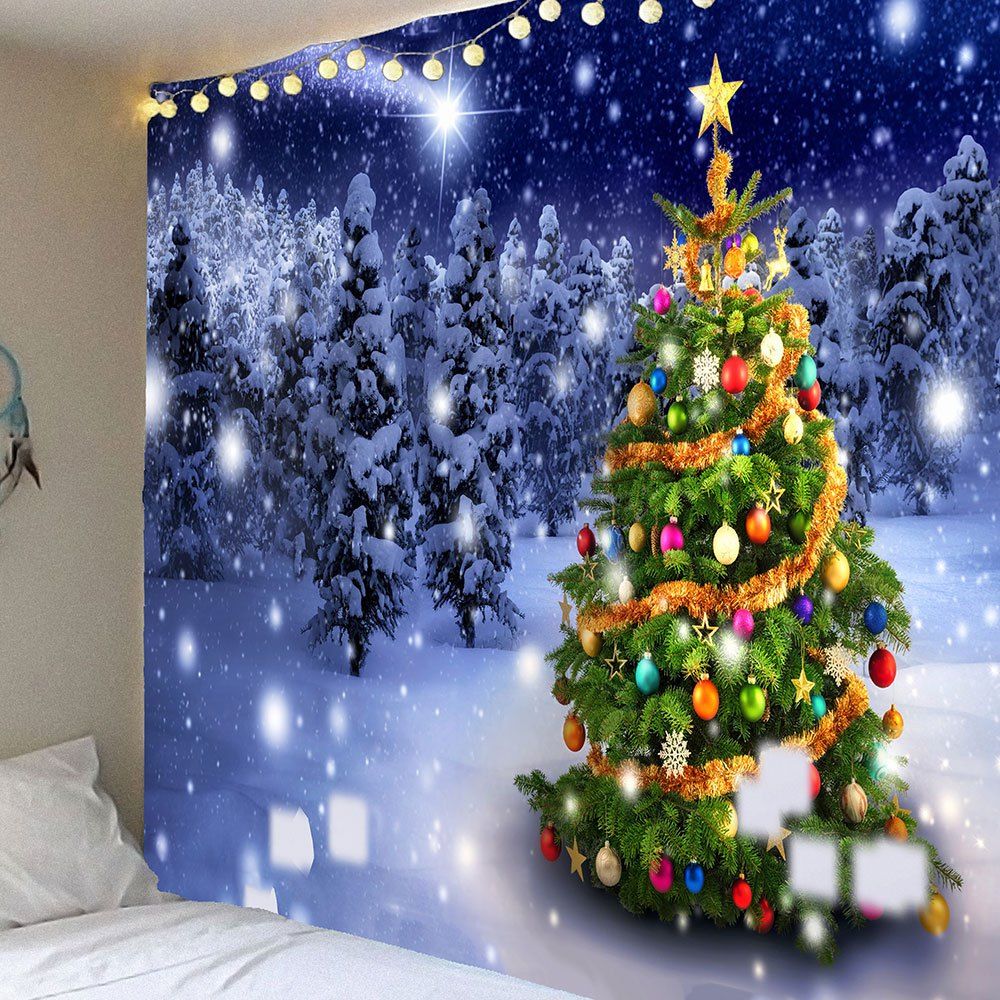 

Christmas Tree Snow Night Forest Printed Wall Tapestry, Colorful