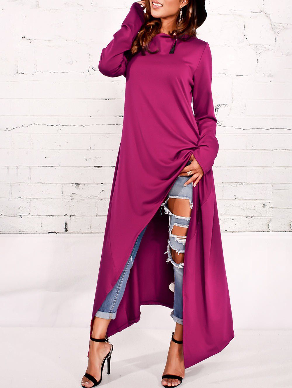 

Asymmetrical Pullover Maxi Hoodie, Purplish red
