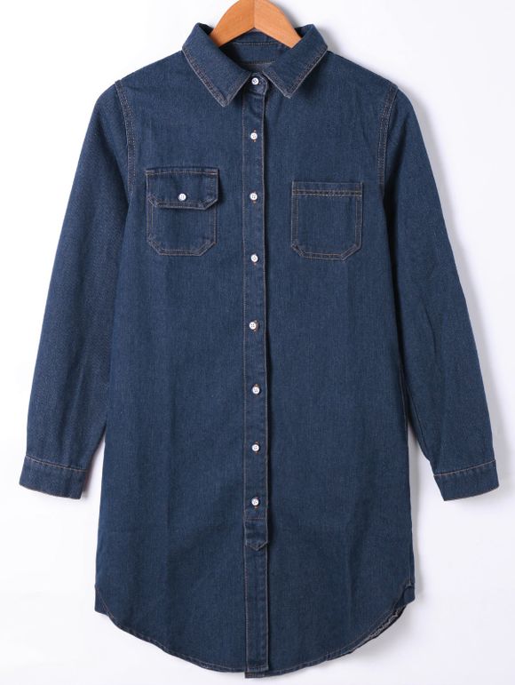 Flap Pocket Button Up Denim Shirt Coat - Bleu Toile de Jean L