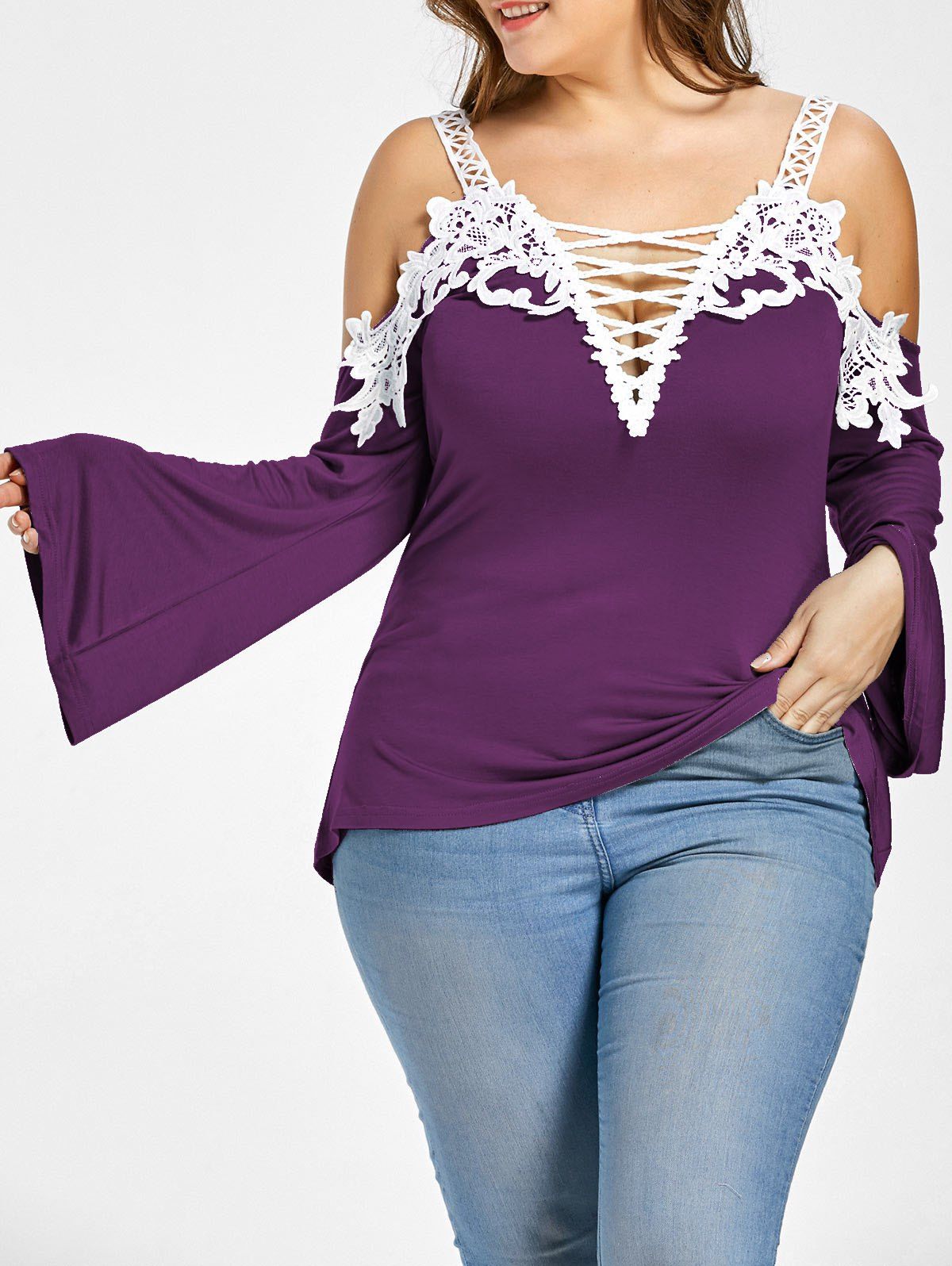 

Lace Up Cold Shoulder Plus Size T-shirt, Deep purple