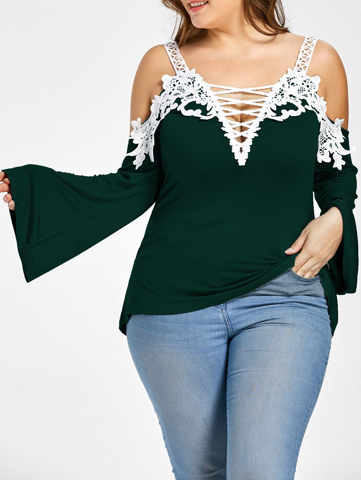 

Lace Up Cold Shoulder Plus Size T-shirt, Blackish green