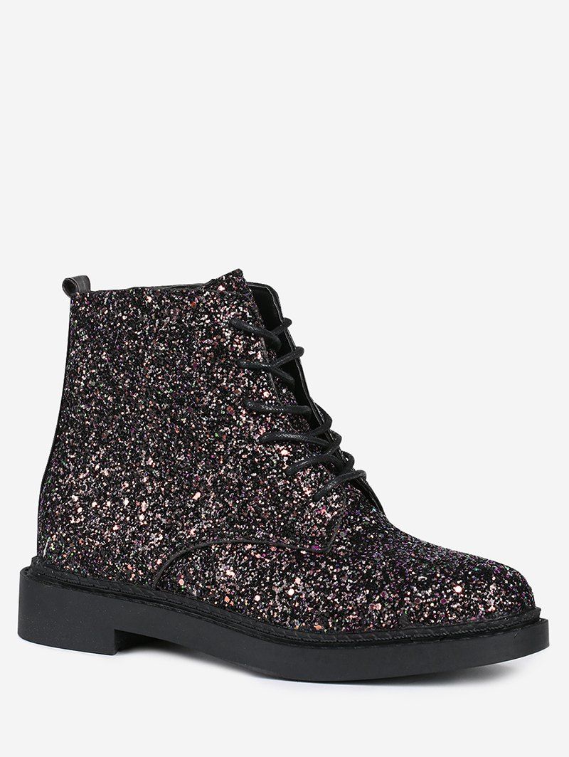 

Glitter Lace Up Short Boots, Black