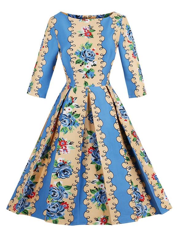 Retro Floral Print Fit and Flare Dress - BLUE/YELLOW S