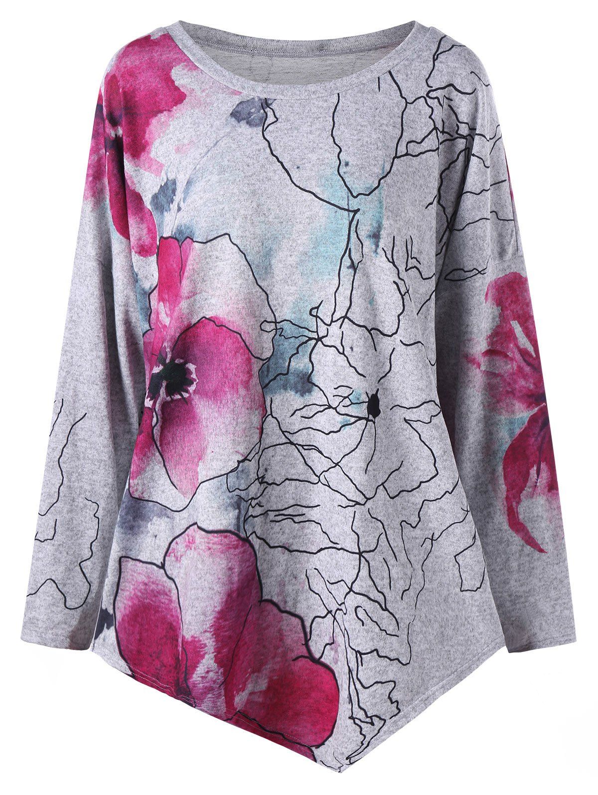 

Plus Size Ink Painting Floral Drop Shoulder Asymmetric T-shirt, Gray