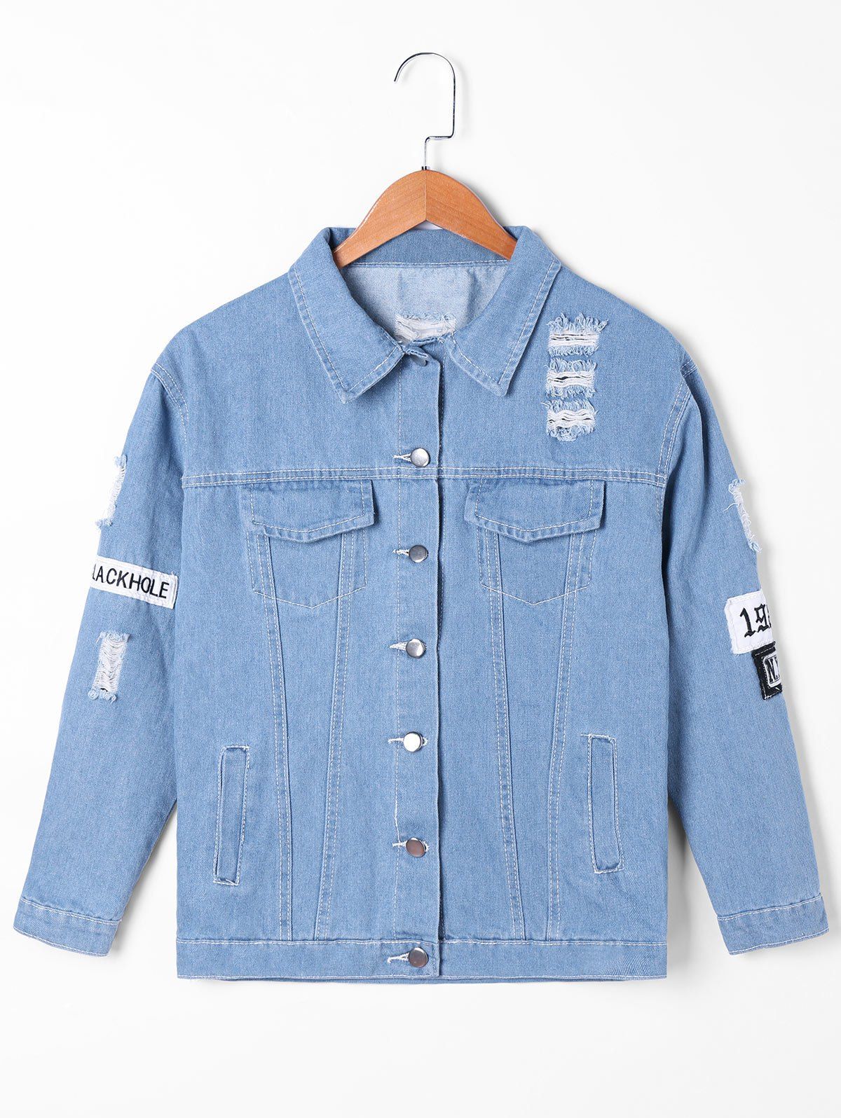 Frayed Appliqued Denim Jacket - DENIM BLUE XL