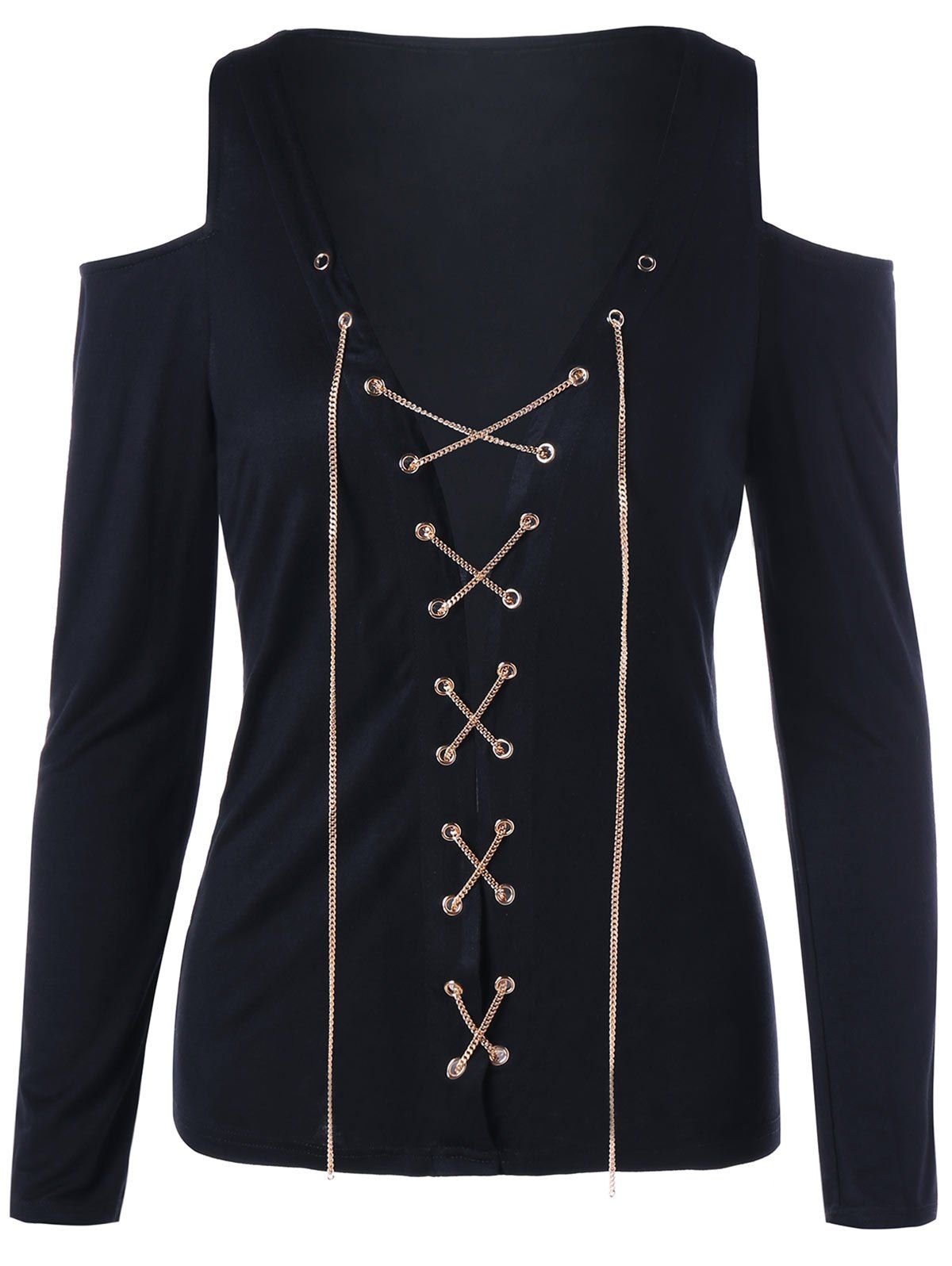 

Chain Criss Cross Cold Shoulder Long Sleeve T-shirt, Black