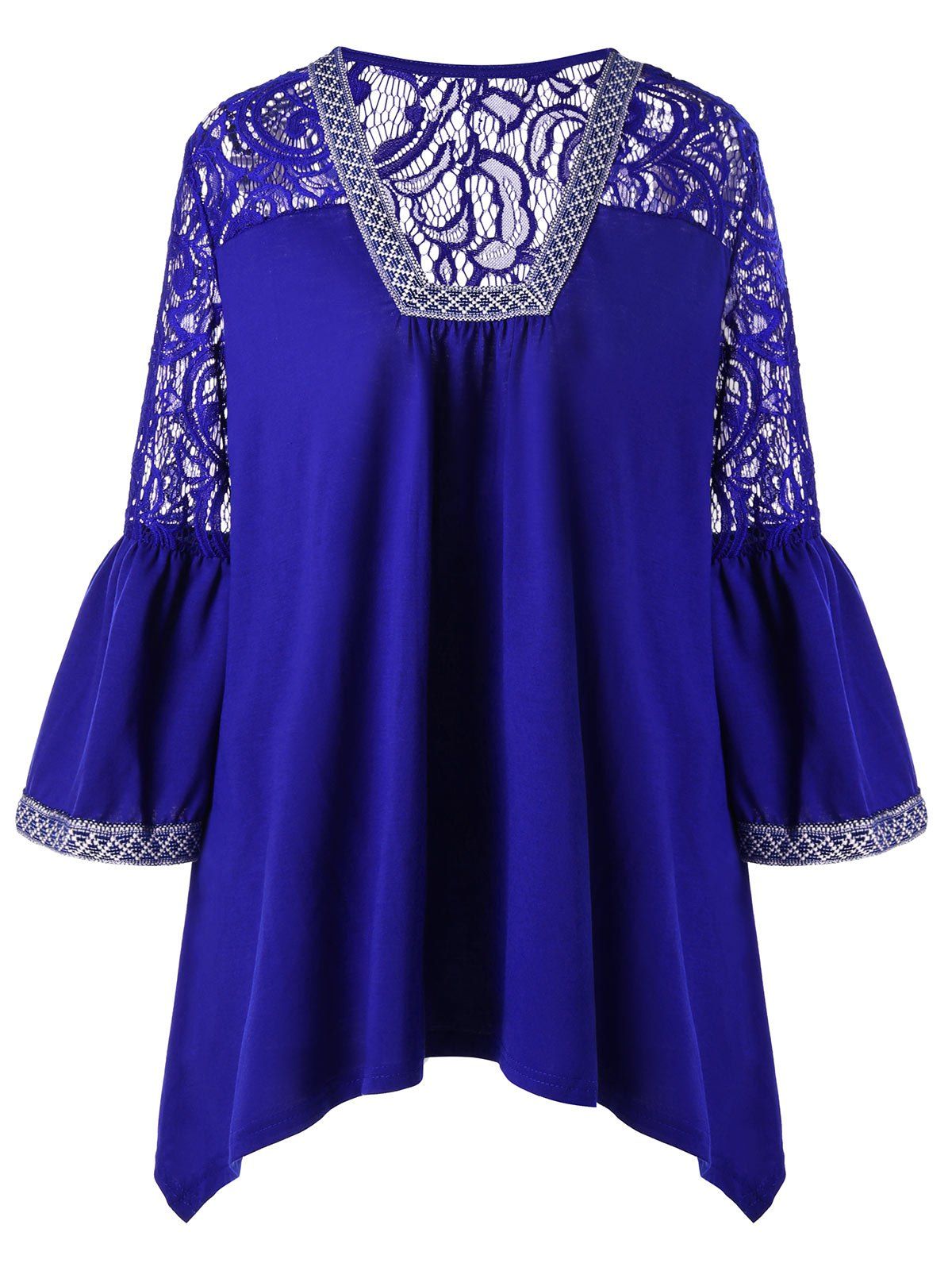 

Lace Insert Plus Size Asymmetric Blouse, Cadetblue