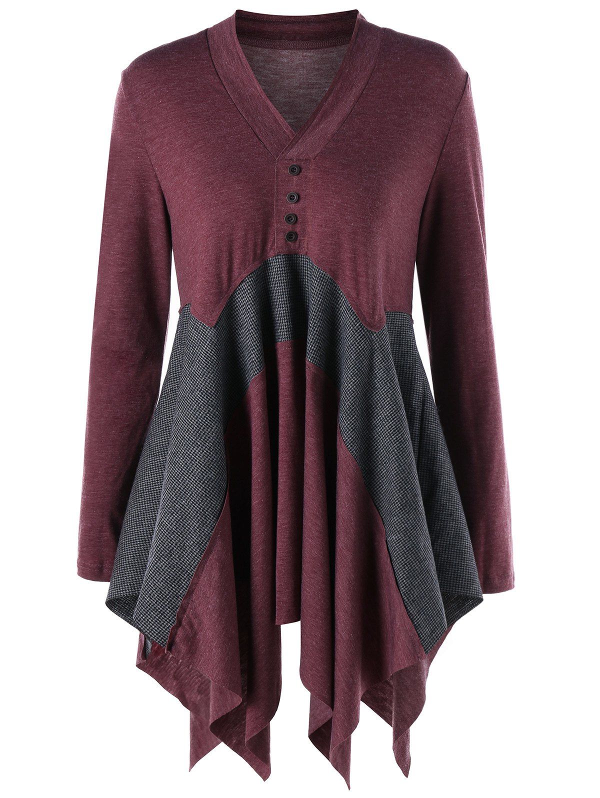 

V Neck Long Sleeve Long Asymmetric Top, Gray and red