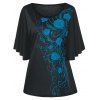T-shirt Grande Taille à Manches Drapées Floral - Paon Bleu 4XL