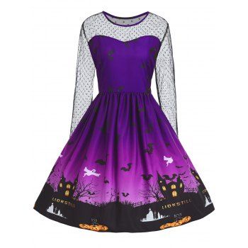 Plus Size Lace Panel Halloween Pumpkin Castle Print Dress