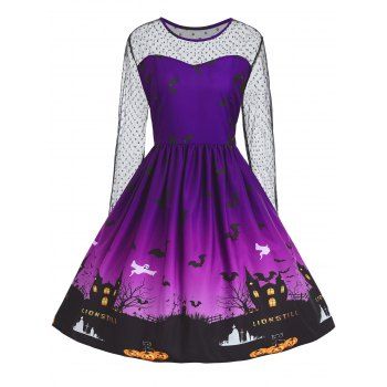 [17% OFF] 2024 Plus Size Lace Panel Halloween Pumpkin Castle Print ...