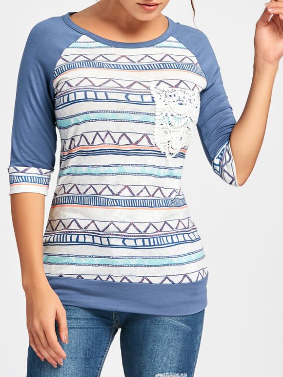 T-shirt Manches 3/4 Imprimé avec Poches en Crochet - Bleu profond L