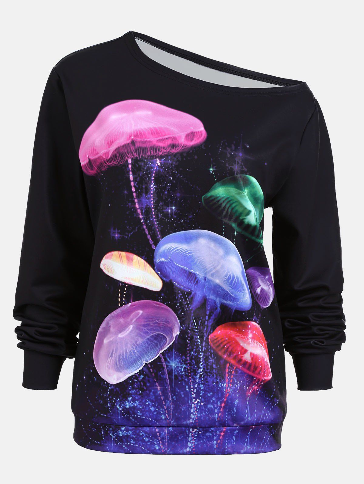 

Skew Neck Multicolor Jellyfish Print Sweatshirt, Black