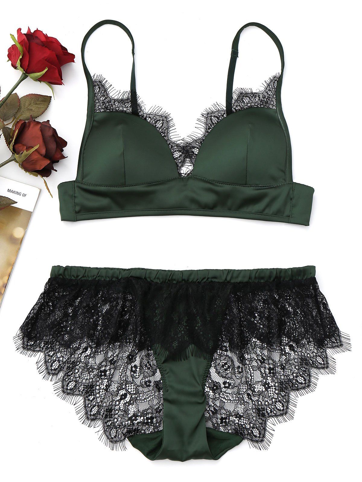 

Lace Eyelash See Through Bra Set, Green