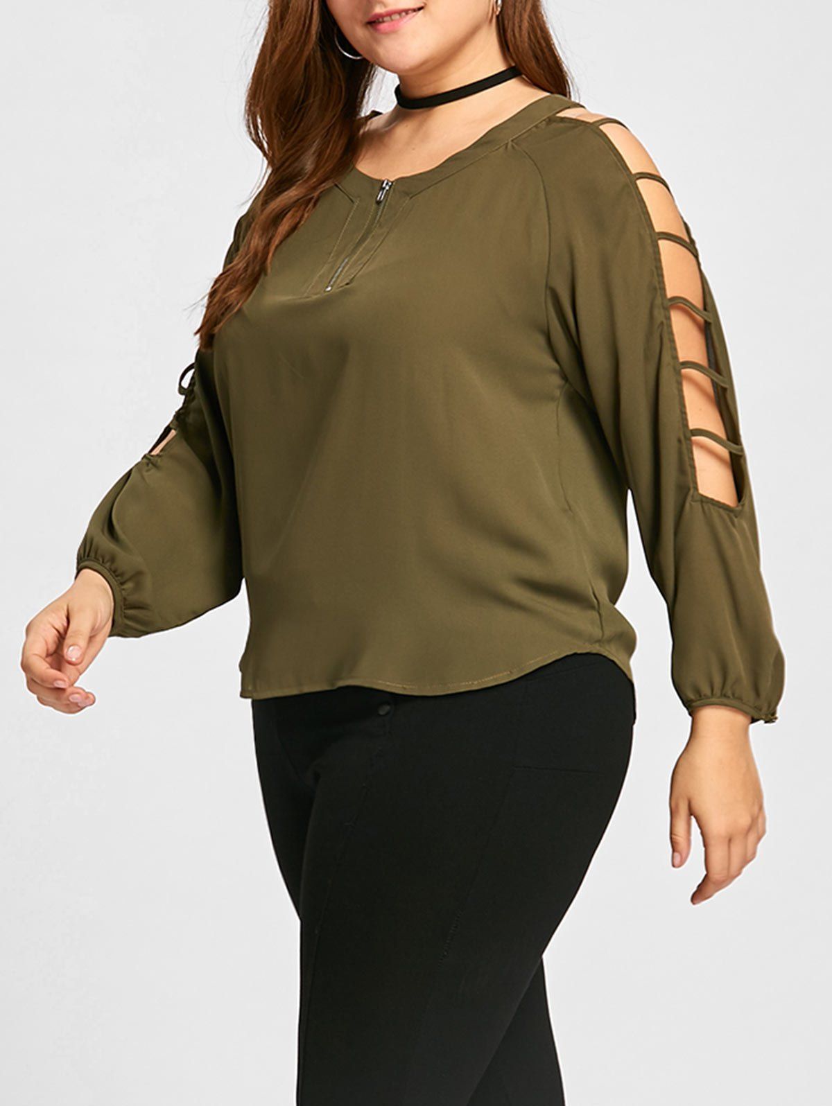 

Ladder Cut Out Plus Size Half Zipper Blouse, Army green