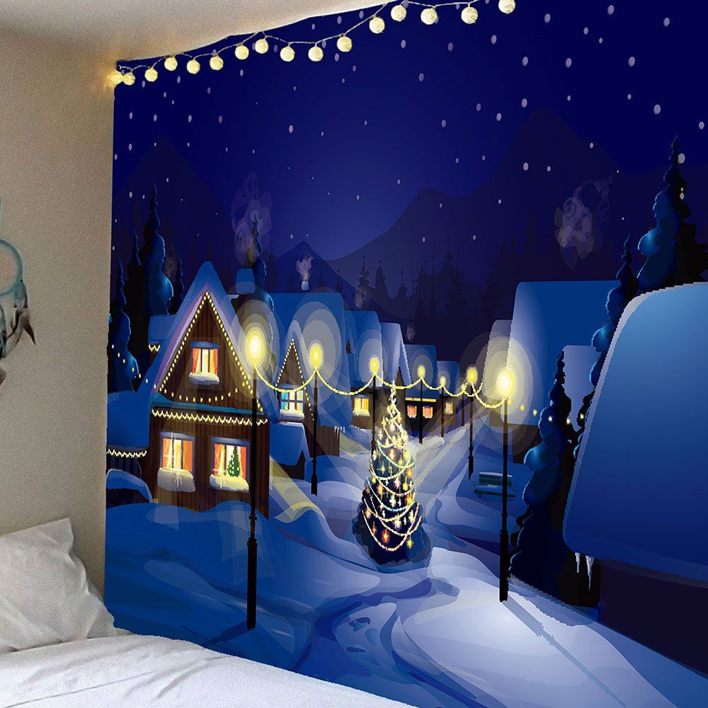 

Waterproof Christmas Snowscape Printed Wall Hanging Tapestry, Blue