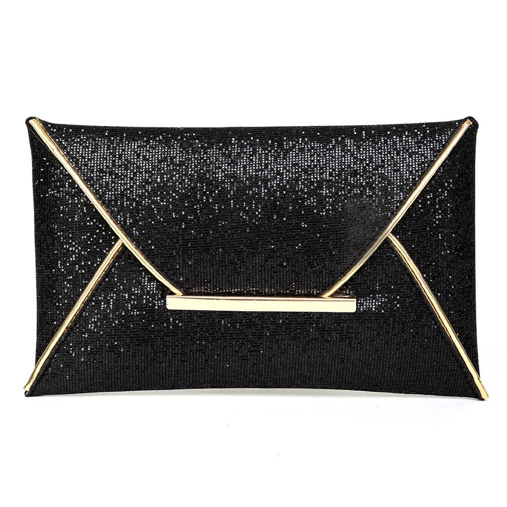 Metal Envelope Glitter Clutch Bag - BLACK 