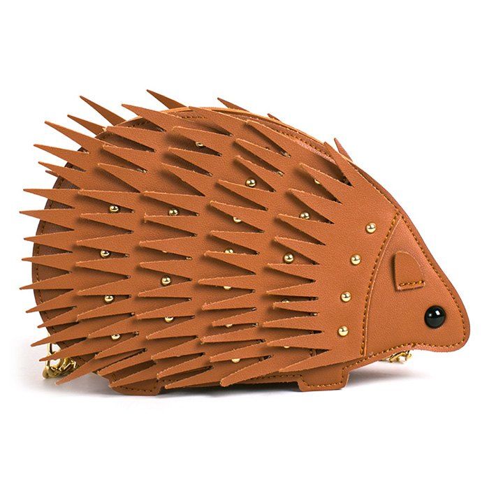 Rivet Chain Hedgehog Shape Crossbody Bag - BROWN 