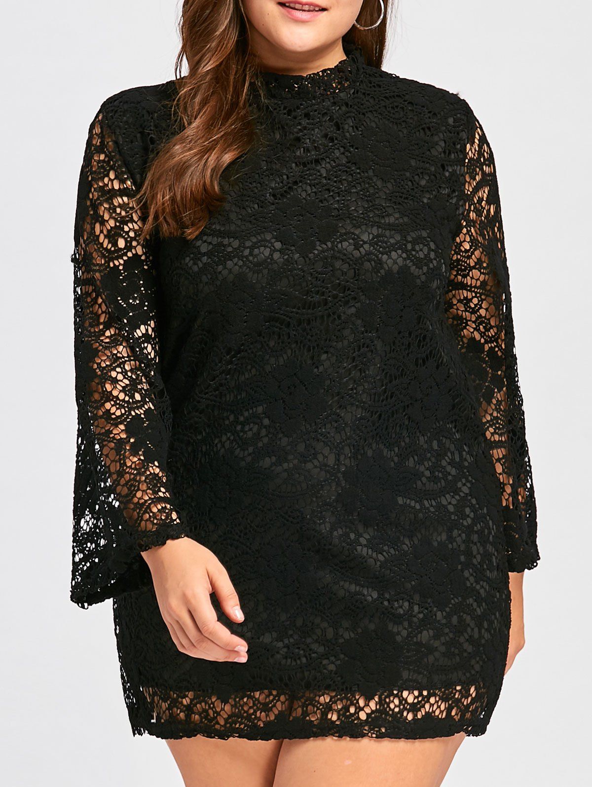 

Plus Size Lace Crochet Long Sleeve Dress, Black