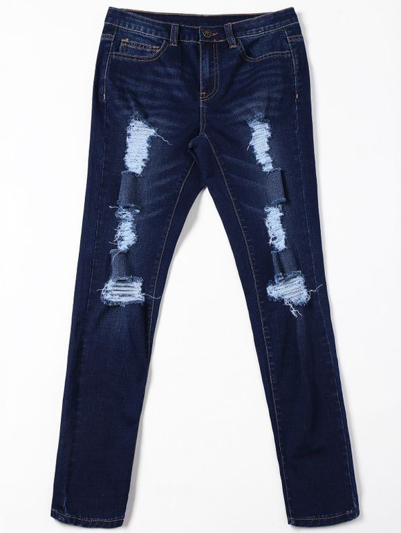 Jeans à crâne gratté Cat  's Whisker avec poches - Noir Bleu XL