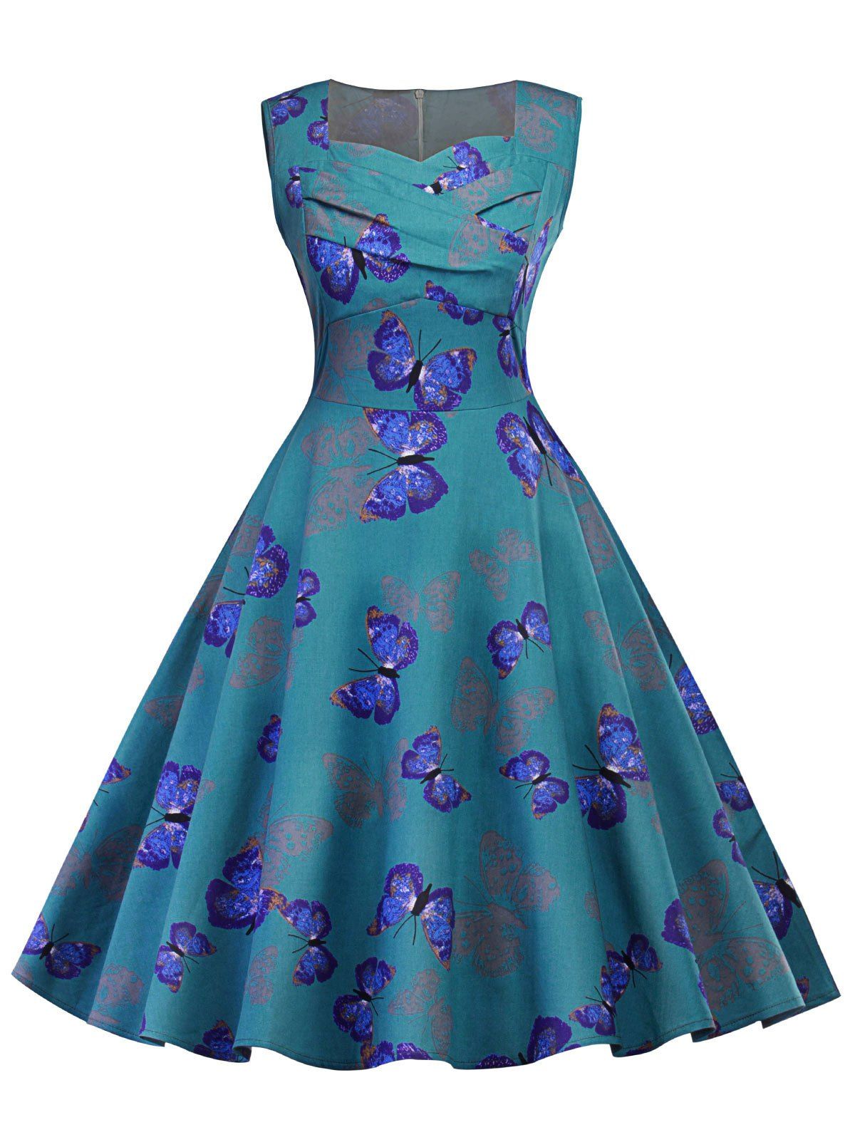 Vintage Butterfly Print Ruched Pin Up Dress, BLUE GREEN, M in Vintage ...