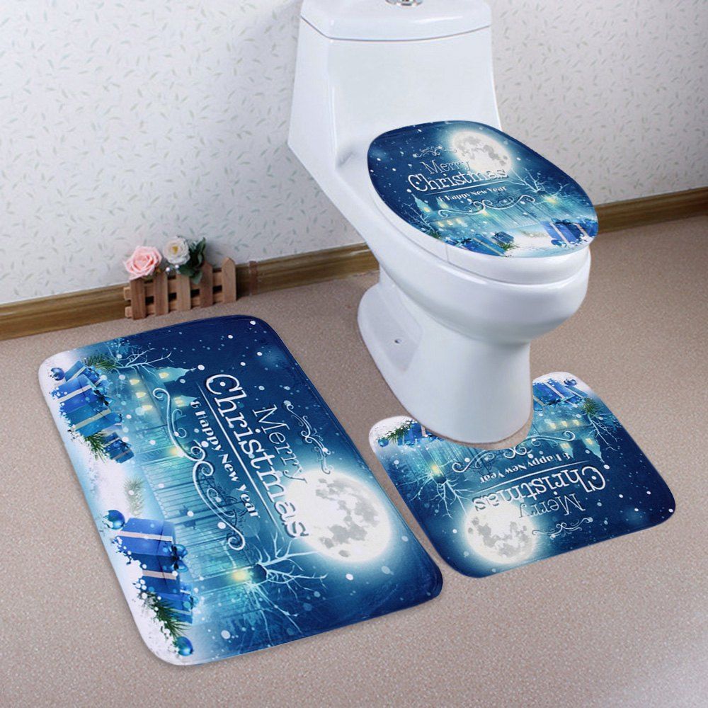 

3Pcs Christmas Gift Box Moon Bath Toilet Mats Set, Blue