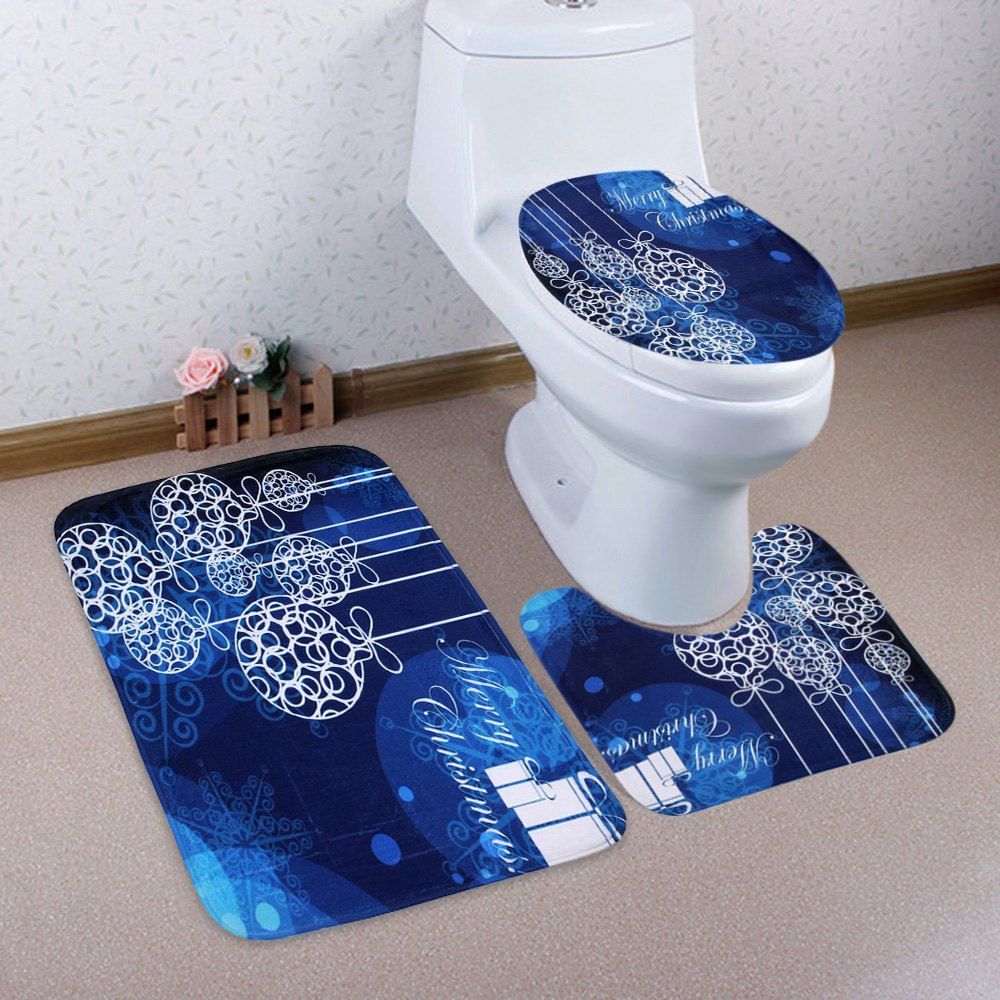 

Christmas Baubles Pattern 3 Pcs Bathroom Toilet Mat, Blue