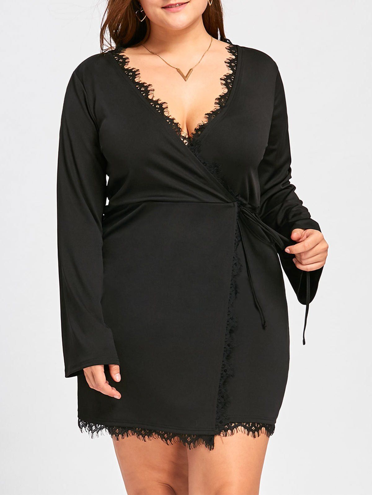 

Plus Size Eyelash Lace Trim Long Sleeve Dress, Black