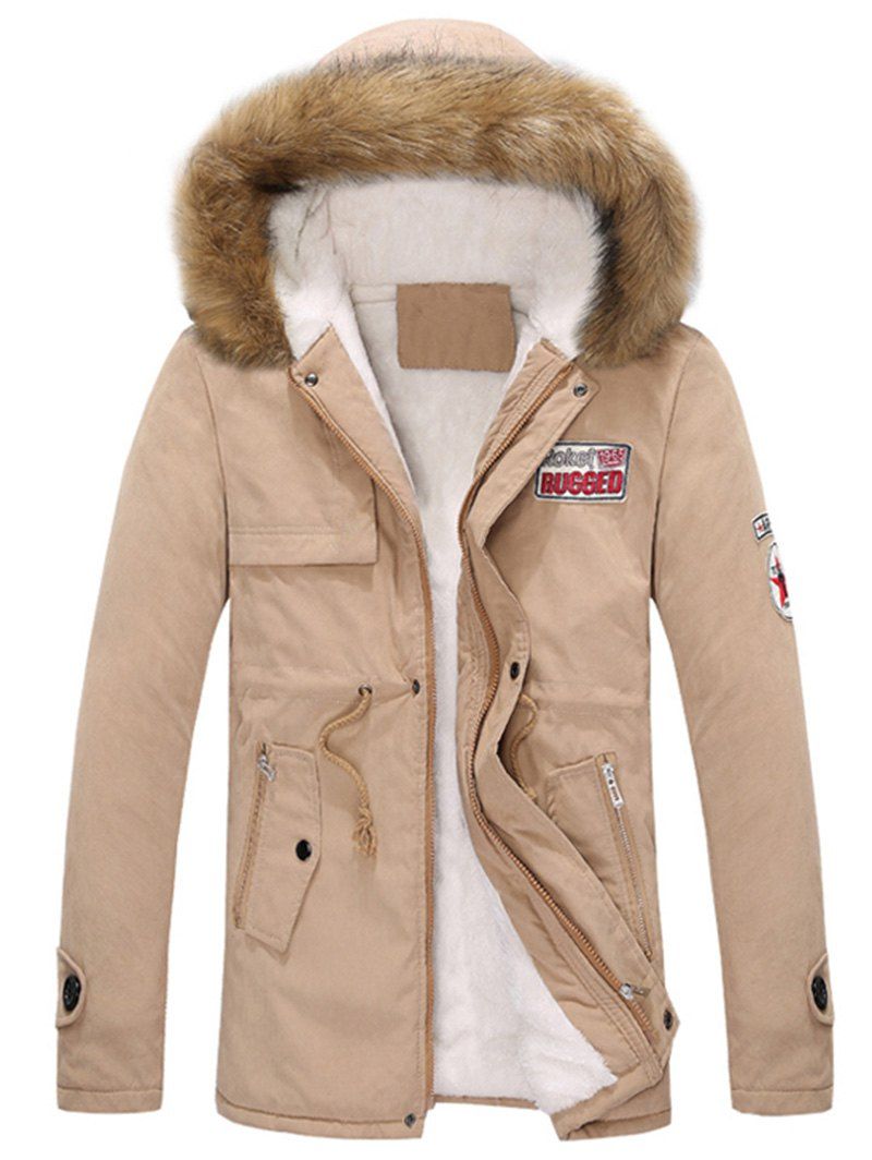 

Appliques Faux Fur Collar Drawstring Fleece Coat, Khaki