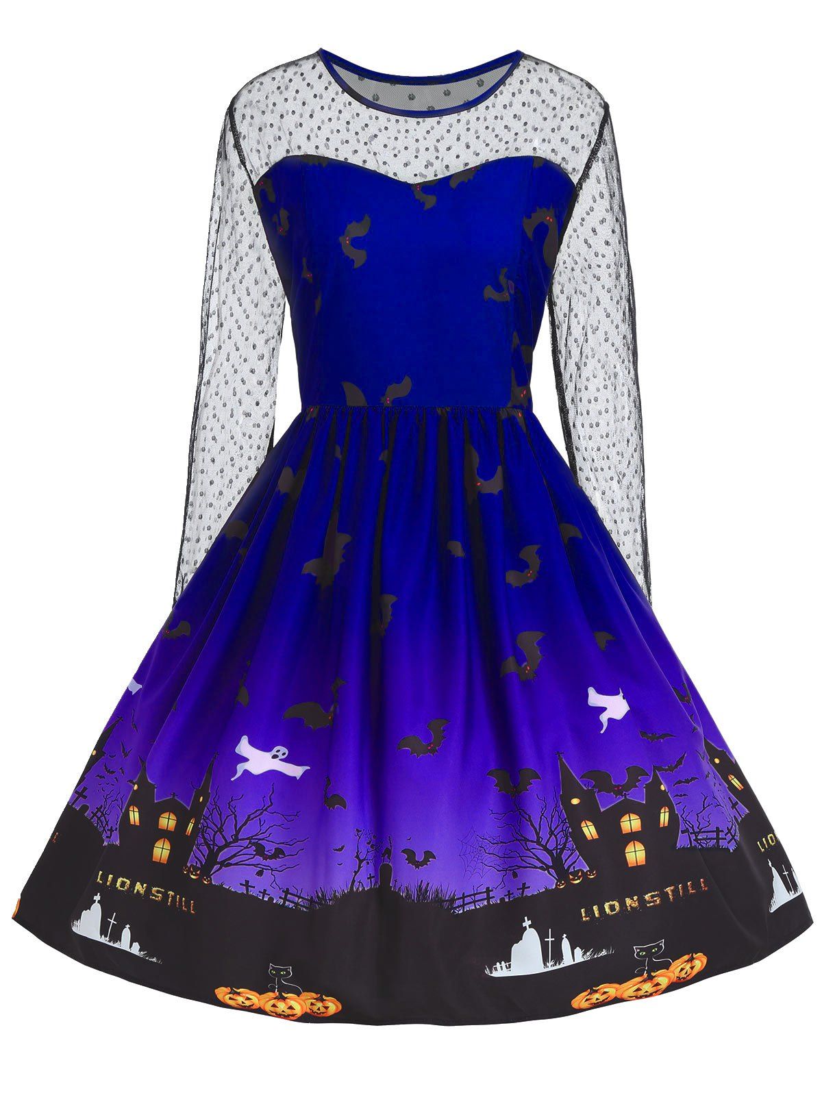 

Plus Size Lace Panel Halloween Pumpkin Castle Print Dress, Blue