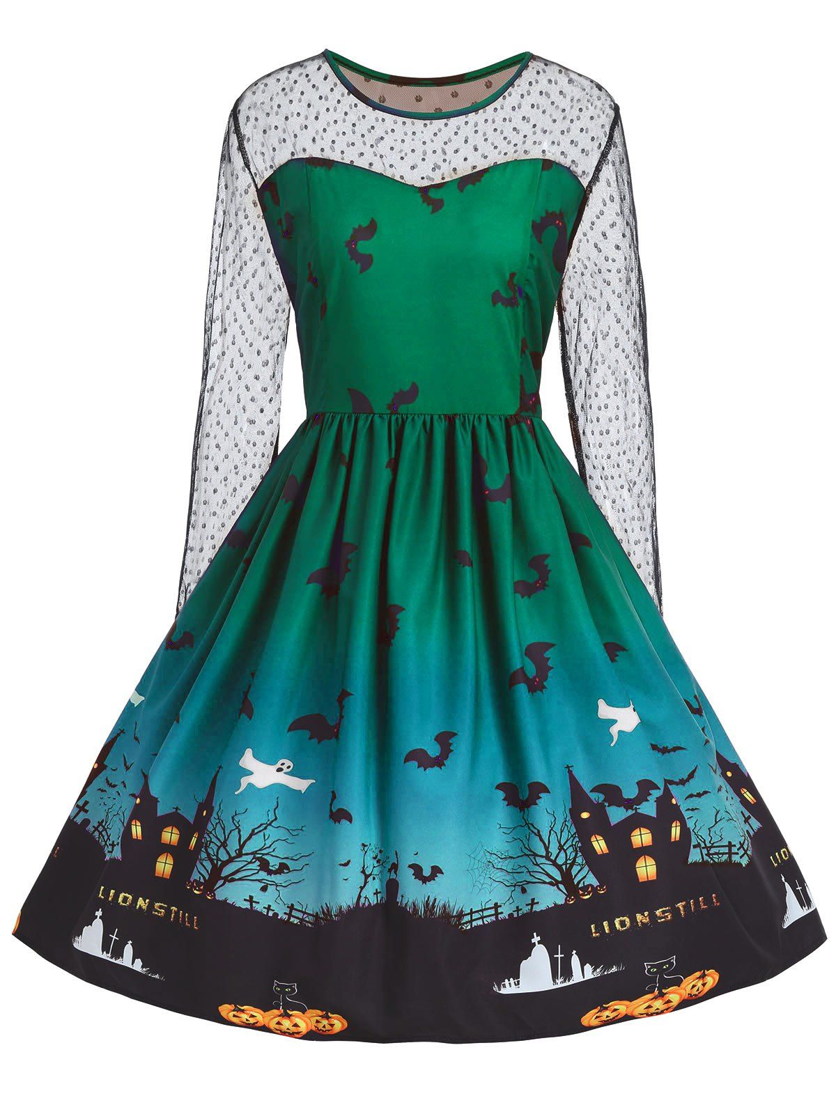 

Plus Size Lace Panel Halloween Pumpkin Castle Print Dress, Green