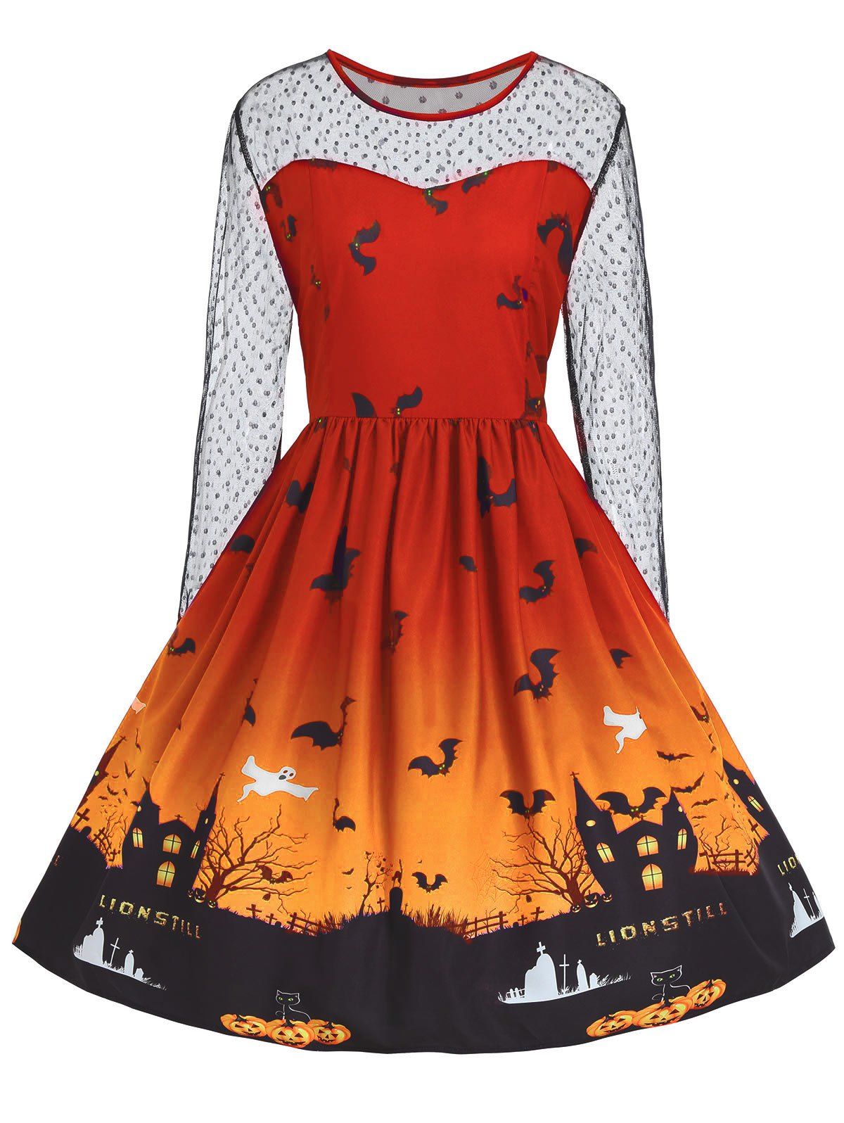 [41% OFF] 2021 Plus Size Lace Panel Halloween Pumpkin Castle Print ...