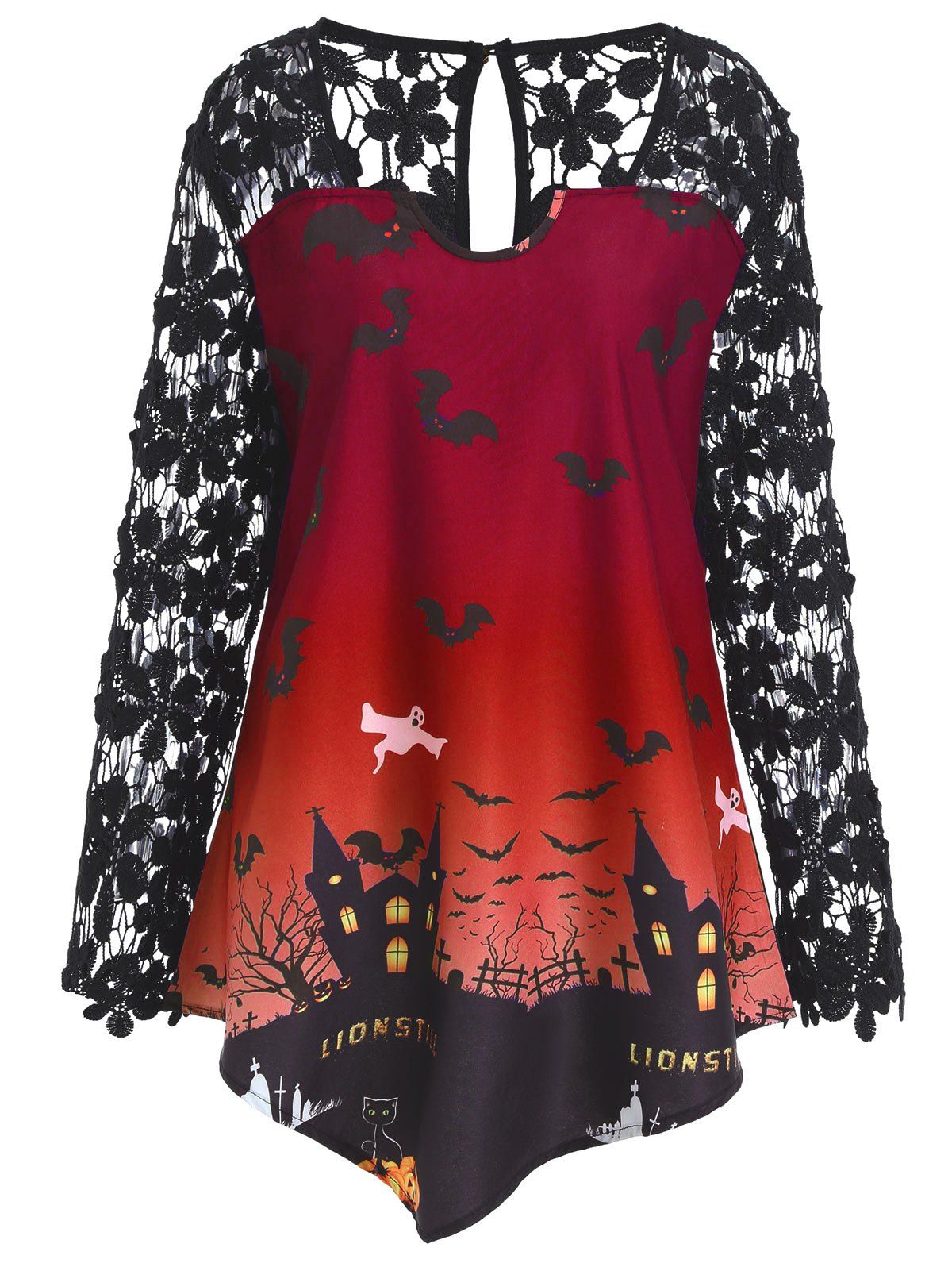 

Plus Size Halloween Lace Panel Asymmetrical T-shirt, Wine red