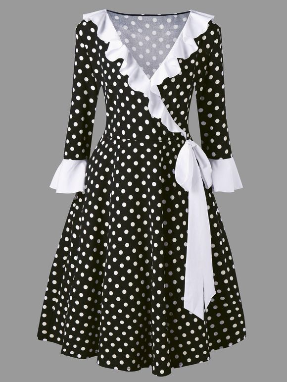 Robe Vintage Volantée à Pois à Noeud Papillon Grande Taille - Blanc et Noir 5XL