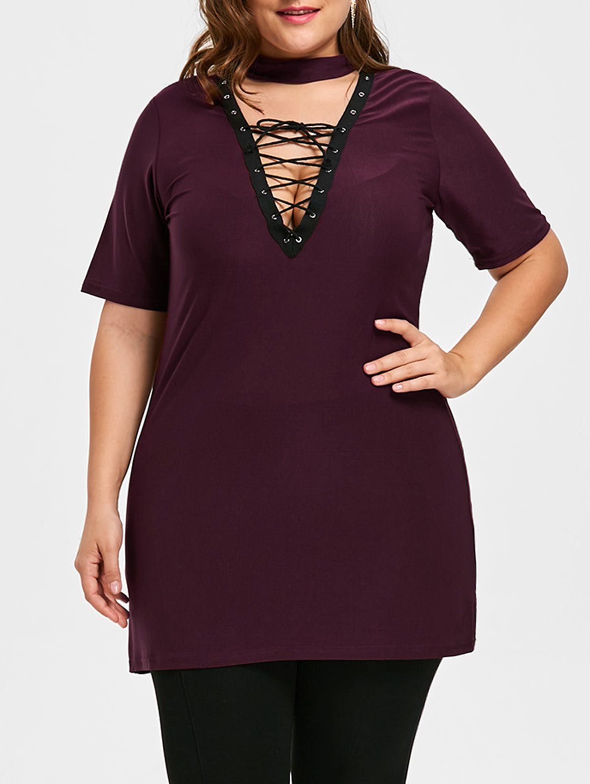 

Lace Up Plus Size V-neck Choker T-shirt, Wine red