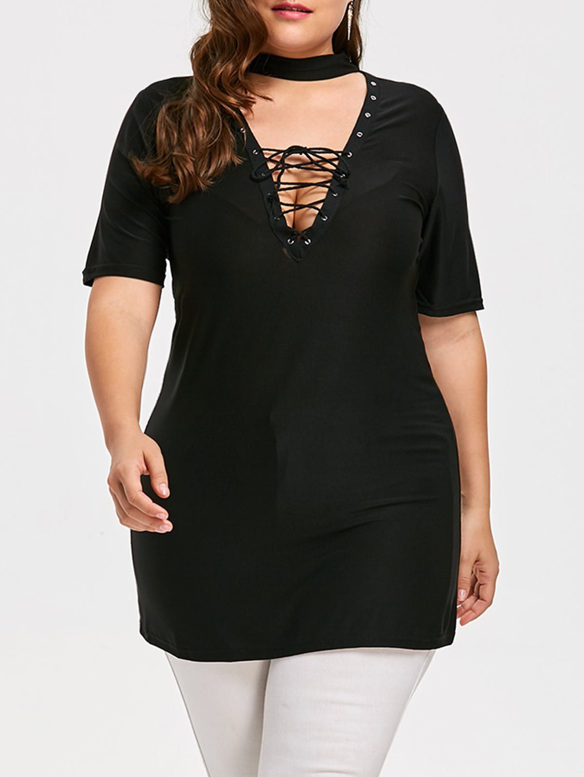 

Lace Up Plus Size V-neck Choker T-shirt, Black
