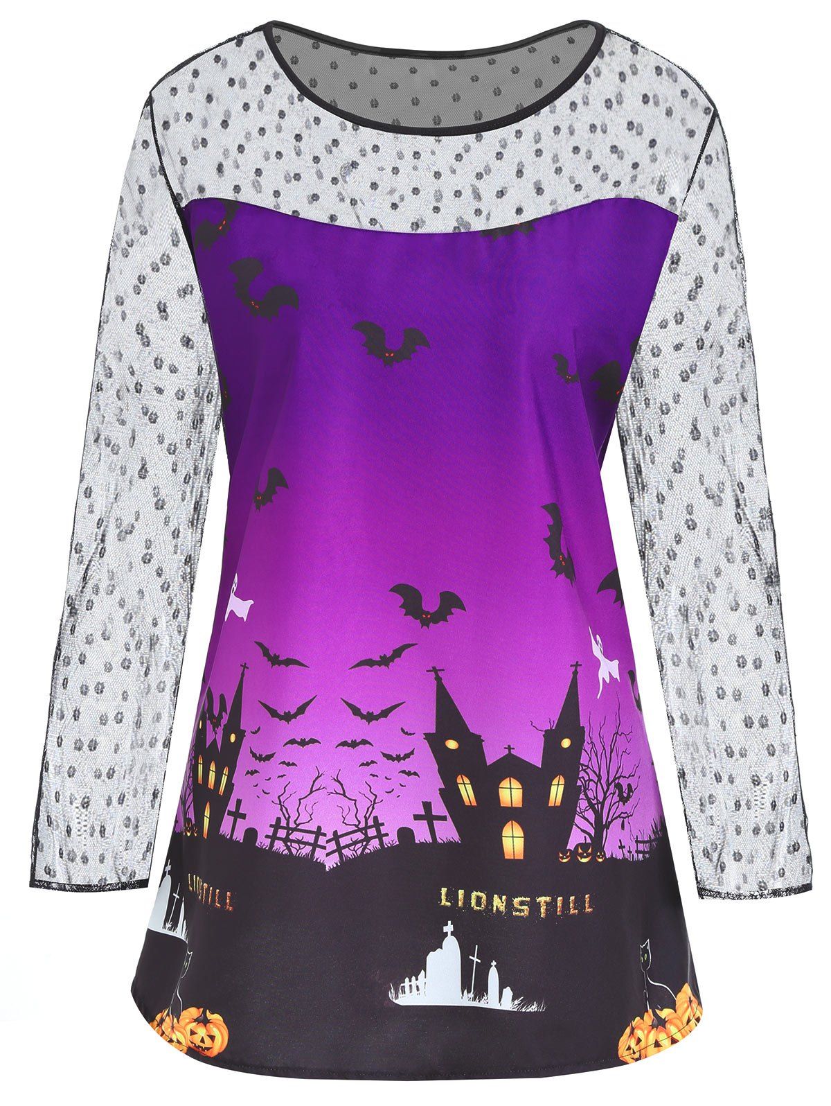 

Plus Size Lace Panel Halloween Castle Bat Print T-shirt, Purple