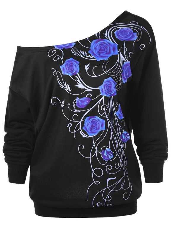 Sweat-shirt Floral Grande Taille à Une Épaule Nue - Noir 5XL