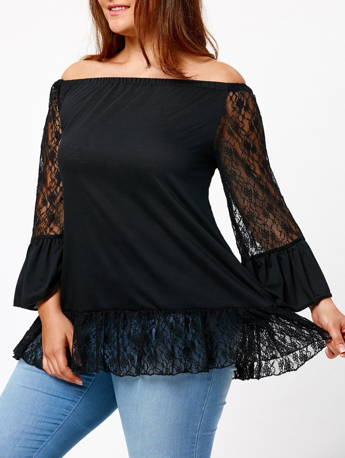 

Lace Sleeve Off Shoulder Plus Size Blouse, Black