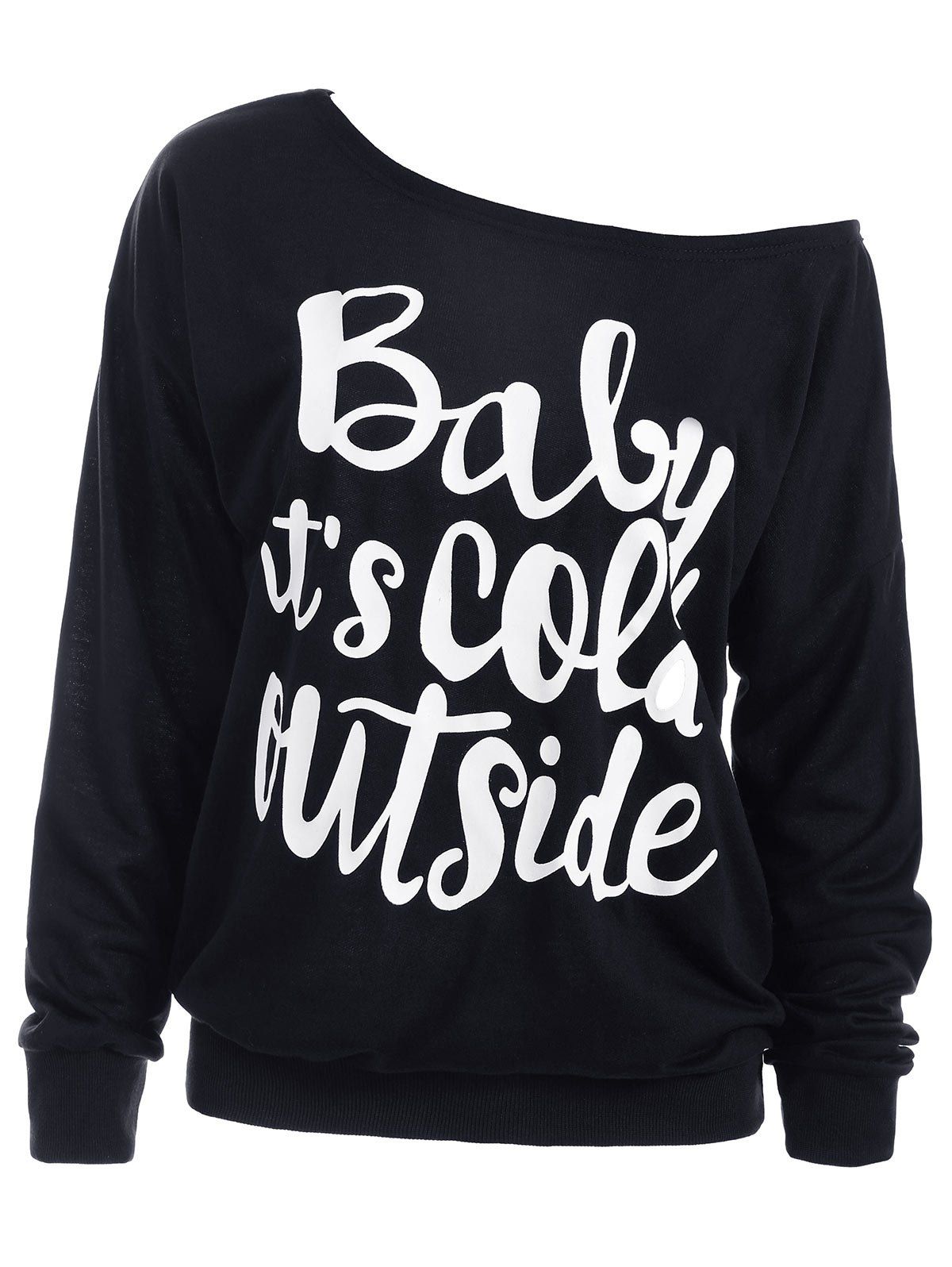 

Skew Neck Letter Print Sweatshirt, Black