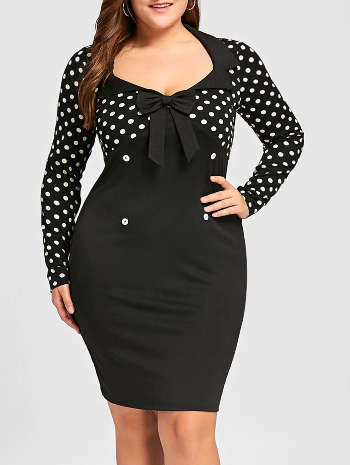 

Plus Size Long Sleeve Bowknot Buttons Wave Point Dress, White and black