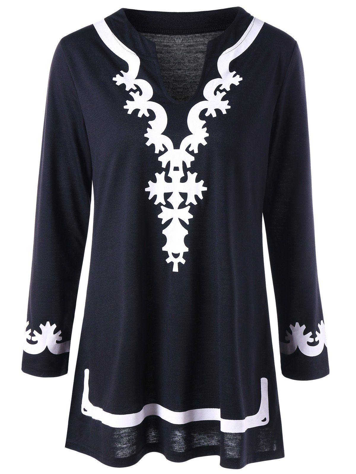 

Plus Size Long Sleeve Printed Tunic T-shirt, Black