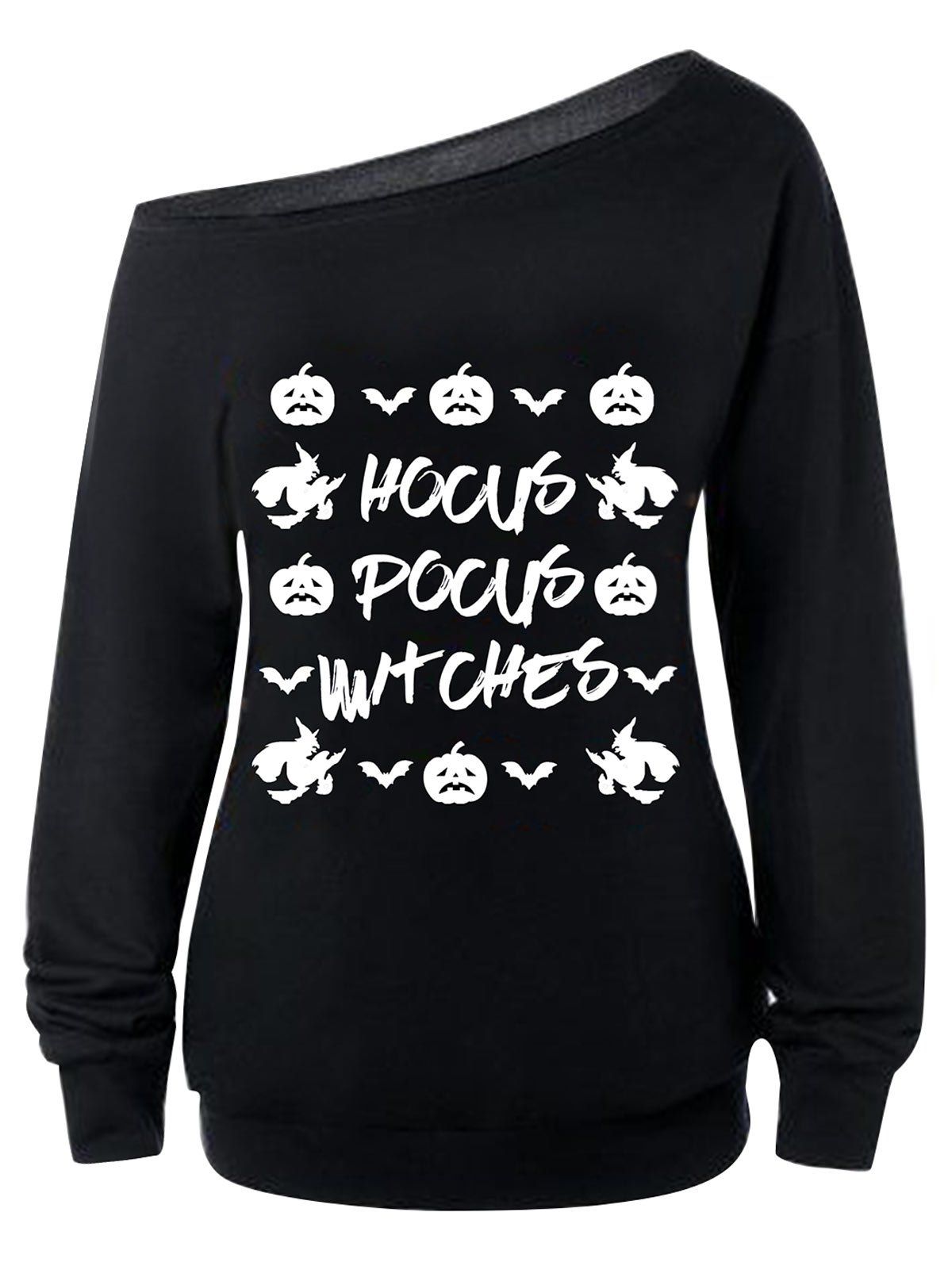 

Skew Neck Pumpkins Witches Letters Print Sweatshirt, Black