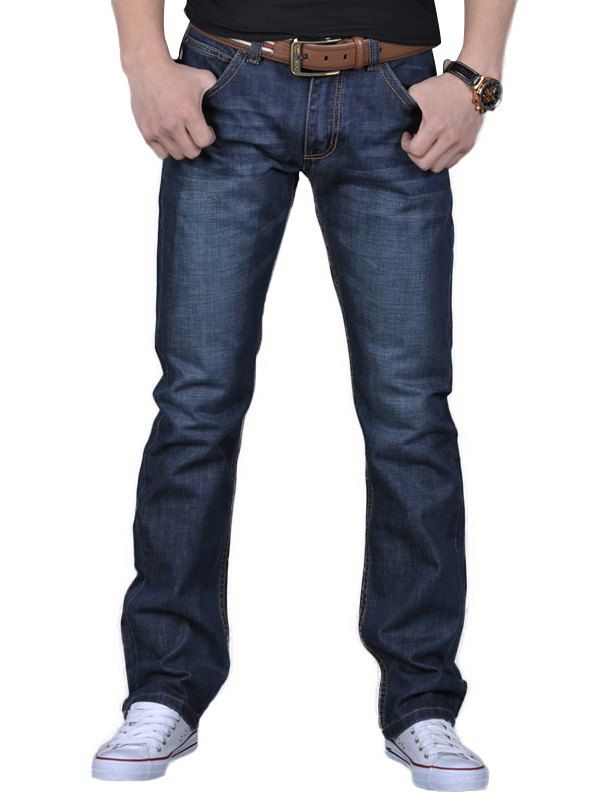 

Zipper Fly Straight Leg Basic Jeans, Deep blue