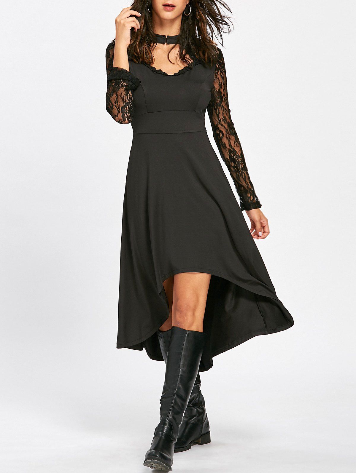 Mock Neck High Low Dress with Lace - BLACK L