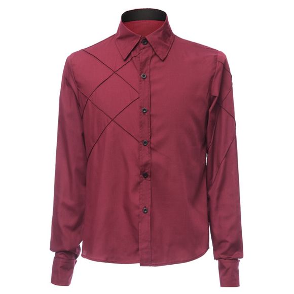 Trendy Vérifié sutures Conception shirt Col Polyester manches longues hommes Chemise Minceur - Rouge vineux M