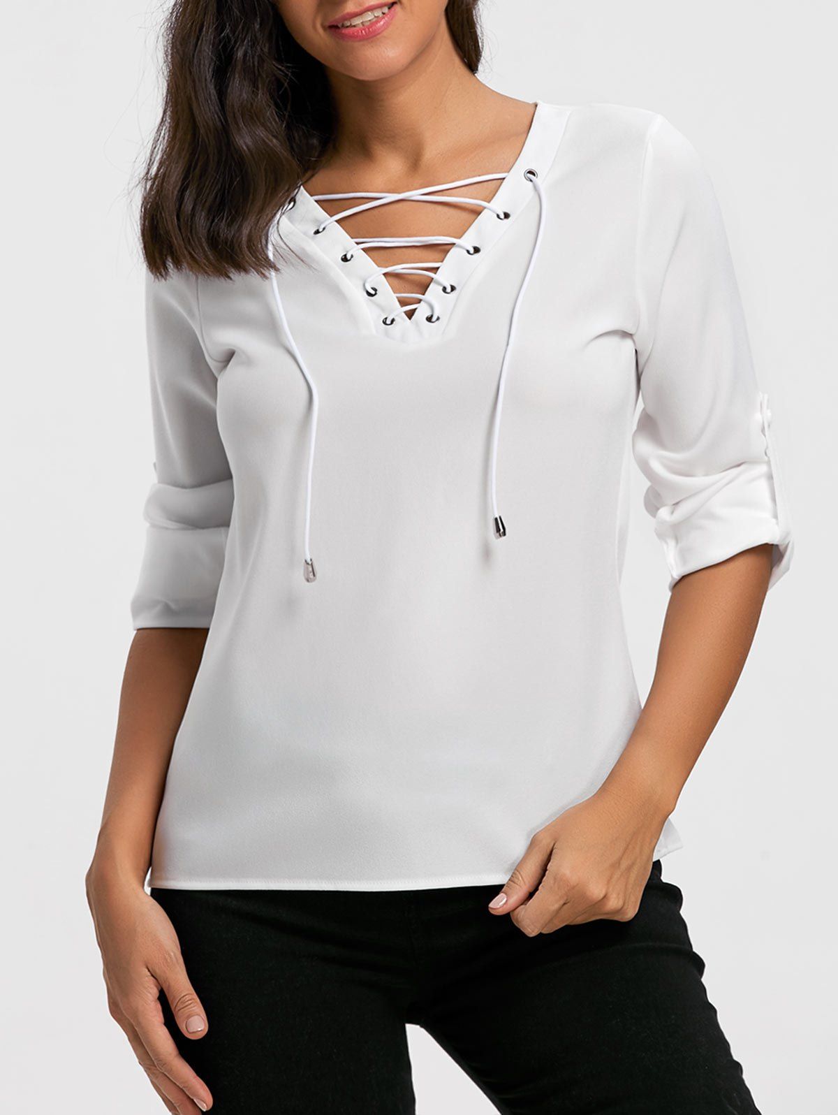

V Neck Lace Up Long Sleeve Blouse, White